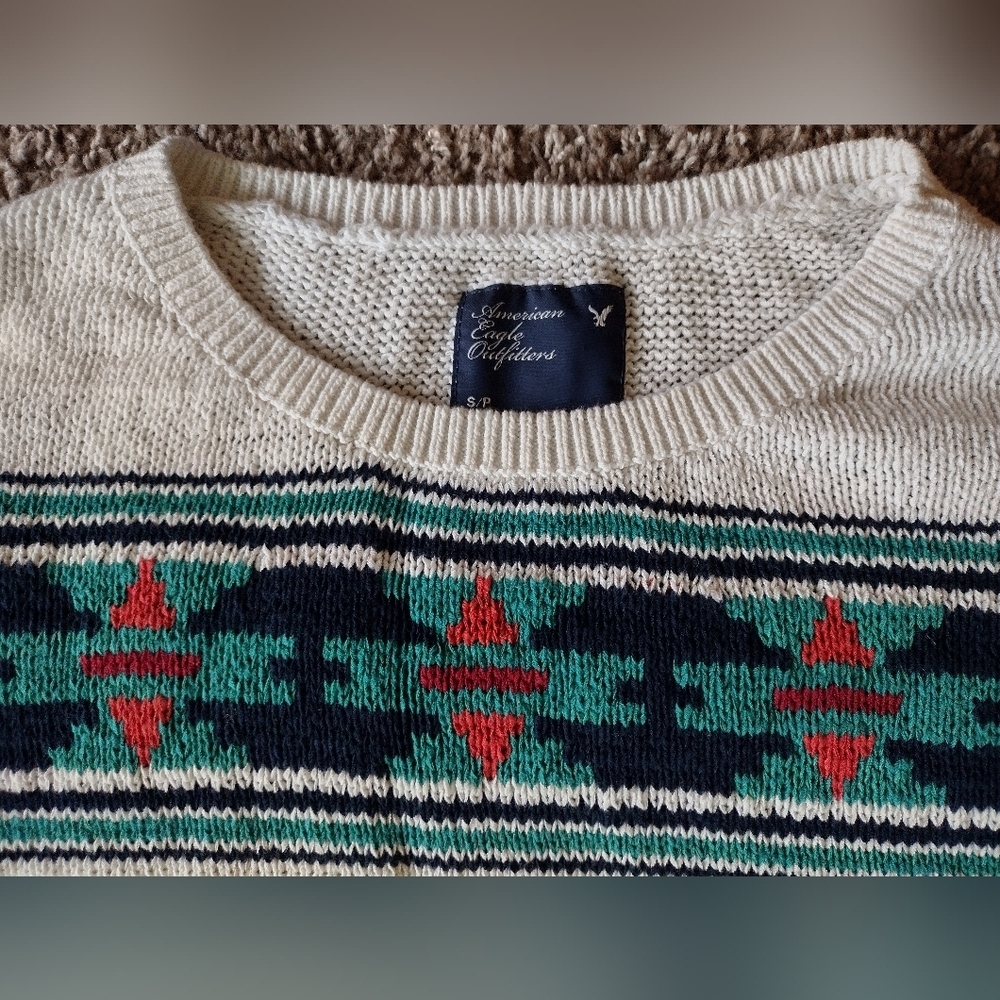 American Eagle Southwestern Aztec Short Sleeve Knit Sweater Small Petite - Picture 6 of 12